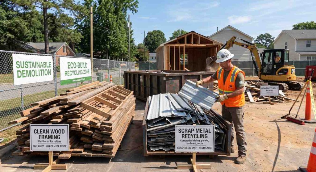 Sorted shed debris piles for recycling at a North Carolina removal site