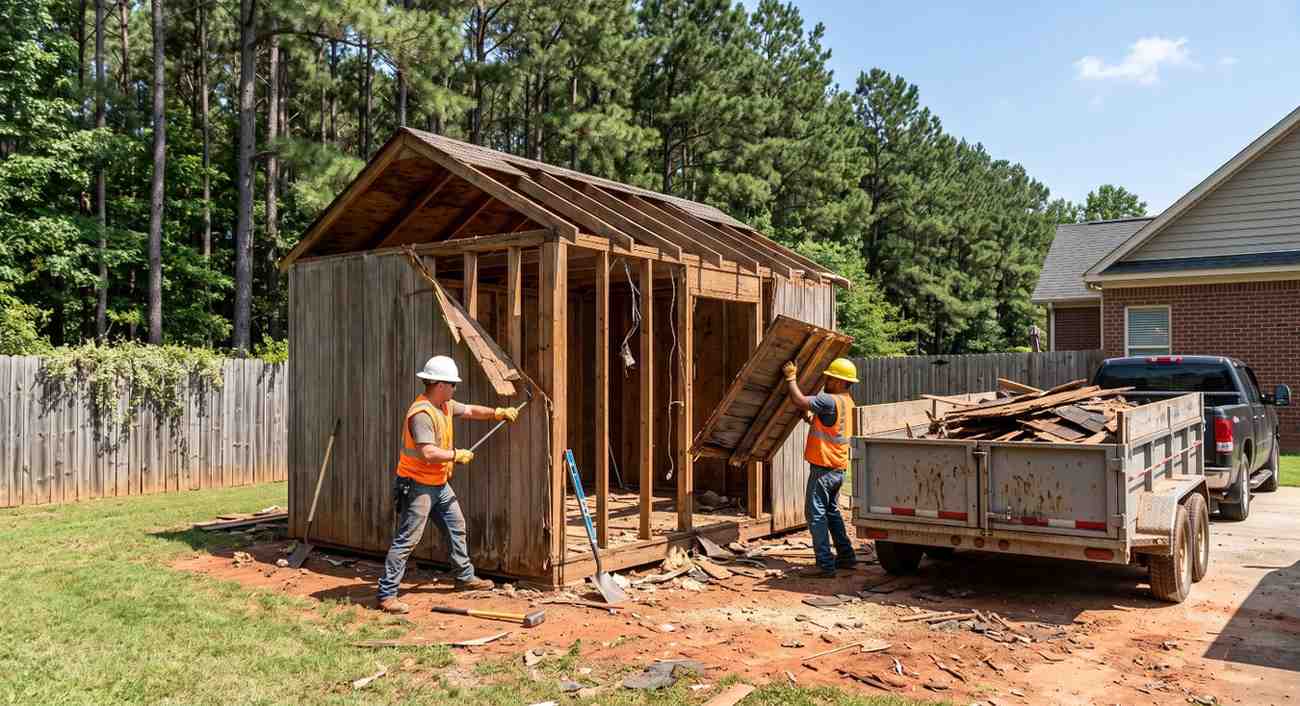 Crew removing a weathered wooden backyard shed in a North Carolina yard