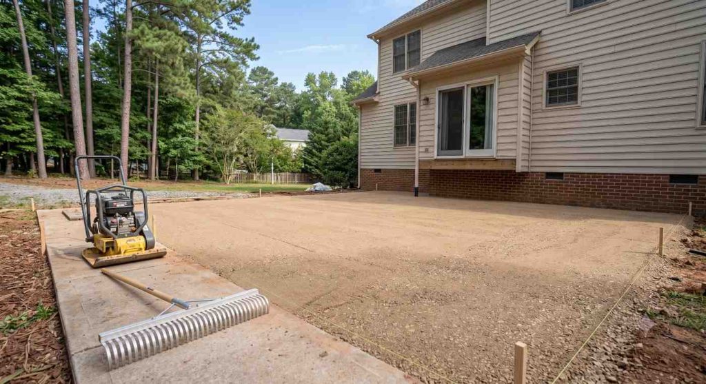 Cleared and graded area after deck removal behind a North Carolina home