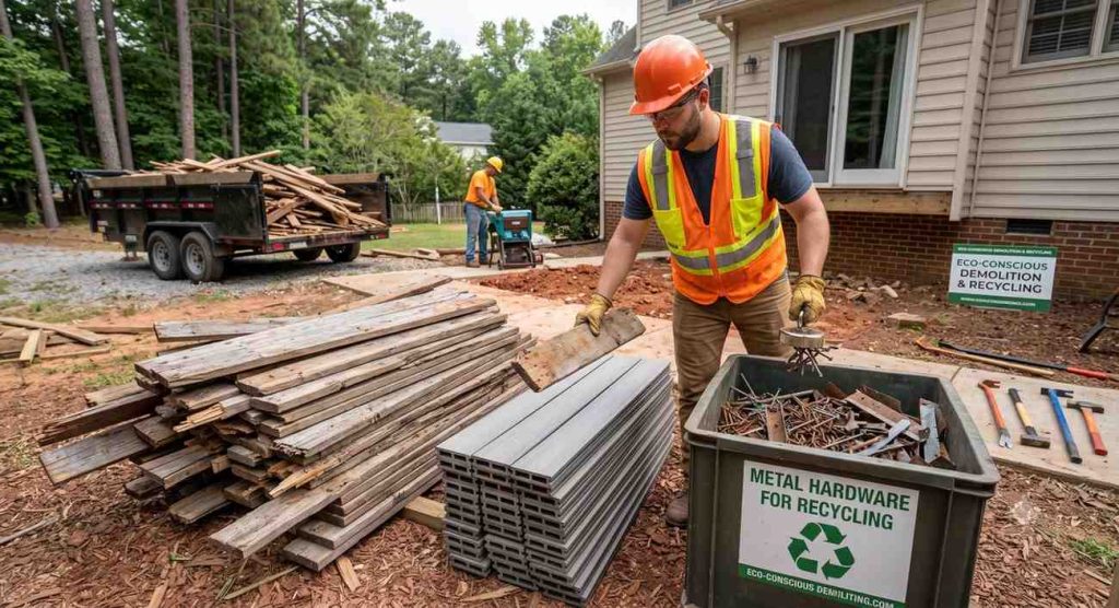 Sorted deck lumber and hardware for recycling at a North Carolina site