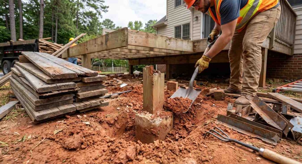 Concrete deck footings being dug out during deck removal in North Carolina.  deck removal cost in NC