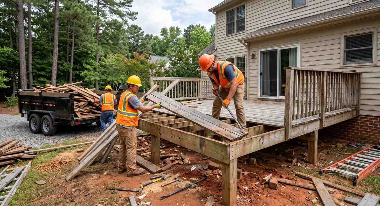 Crew dismantling an elevated wood deck behind a North Carolina home