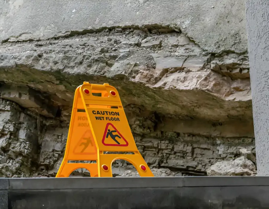 Wet floor caution sign near demolition site debris and exposed structures.
