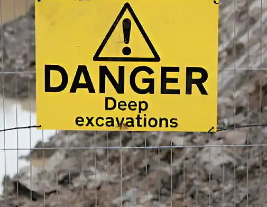 Danger sign warns of deep excavations in a demolition area, ensuring site safety