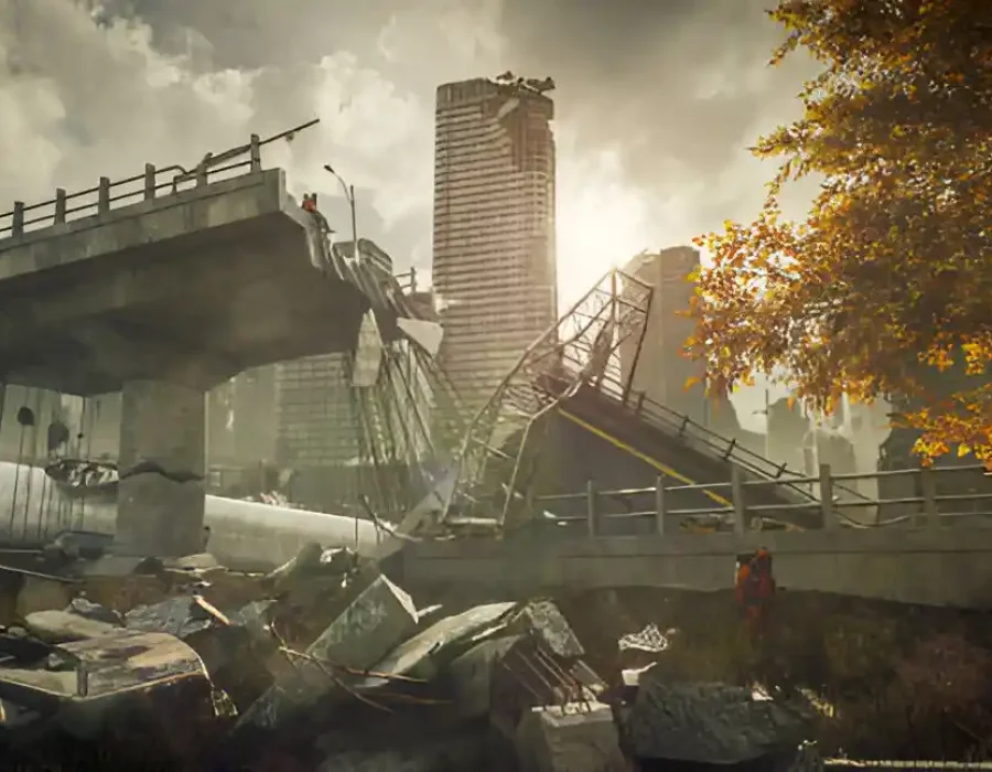 Collapsed bridge, debris, urban destruction, site preparation for reconstruction