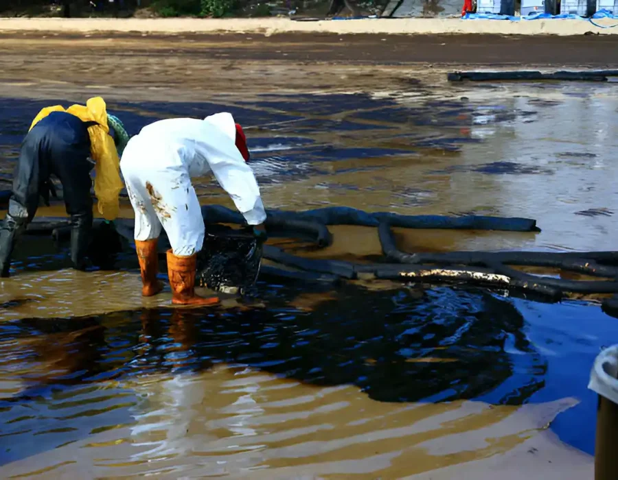 Workers in protective gear cleaning oil spill on beach