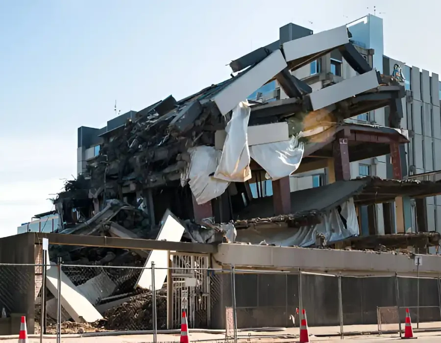 Severely damaged multi-story building with collapsed sections, safety cones present