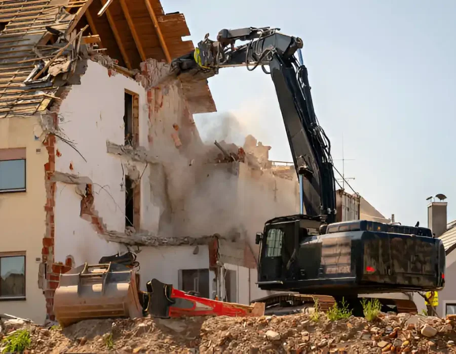 Excavator dismantling white residential building, dust clouds, precise structural removal