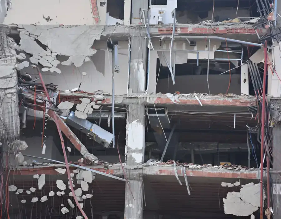 Concrete building dismantled, exposing multi-level structural damage and demolition process