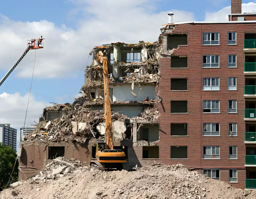 Yellow excavator dismantling concrete building with lift platform in urban setting