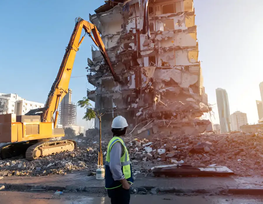Yellow excavator demolishing multi-story building, worker in safety vest observing