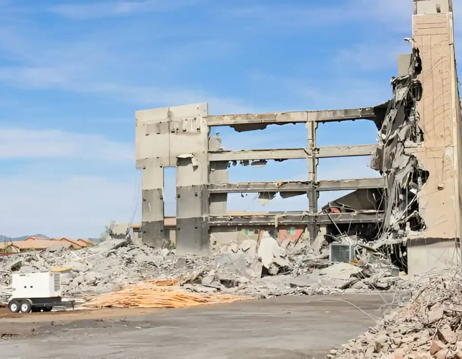 Concrete multi-story building partially demolished, debris scattered, mobile generator