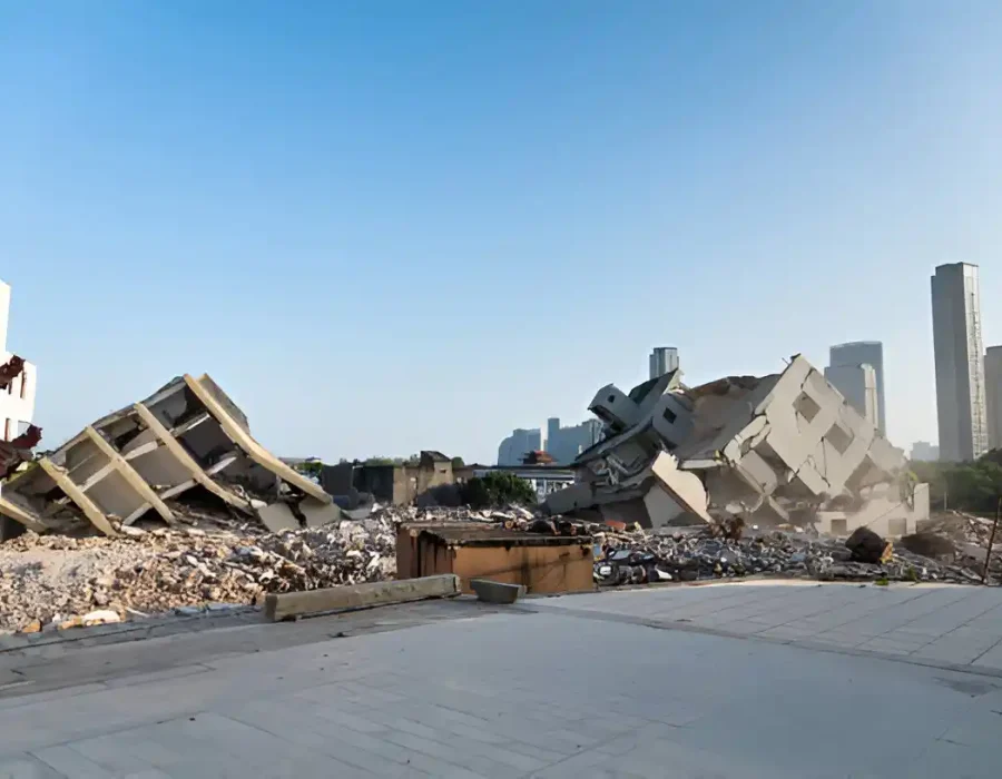 Destroyed buildings with debris, skyscrapers in background, clear blue sky