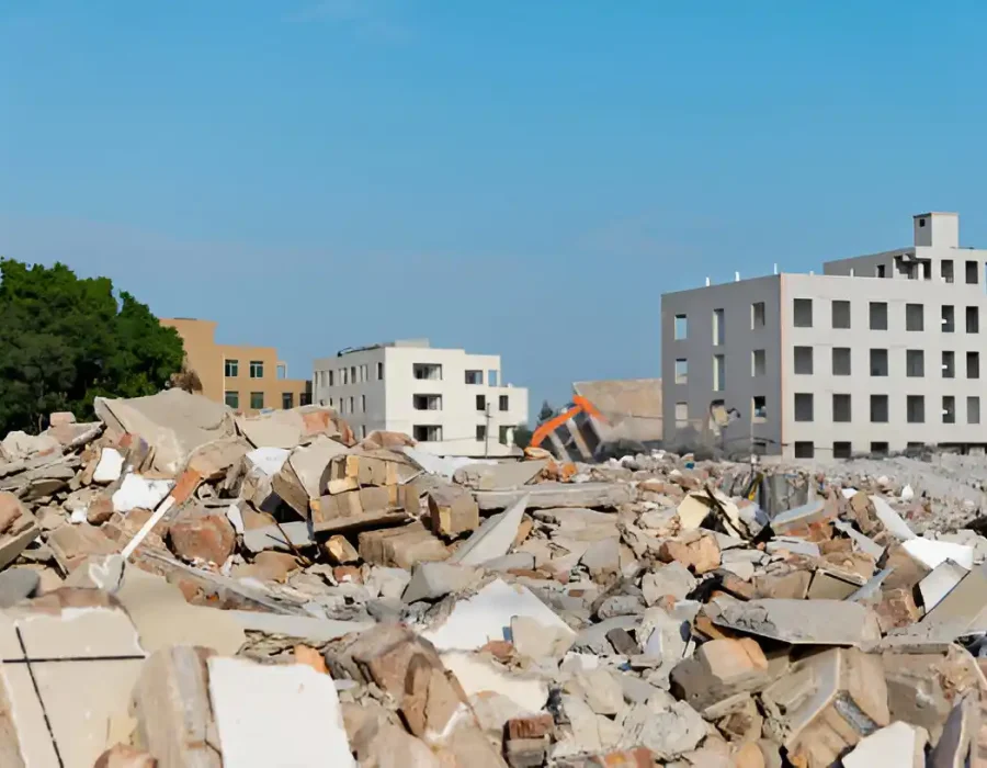 Massive concrete and building material debris field at urban demolition site with city buildings