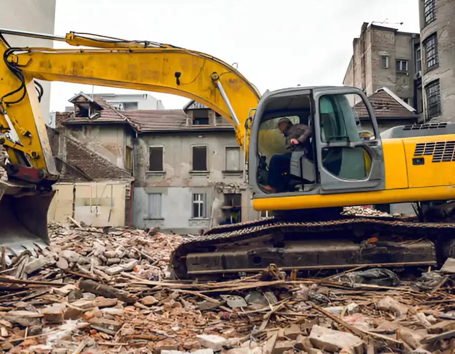 Yellow excavator removing rubble from demolished building in urban setting