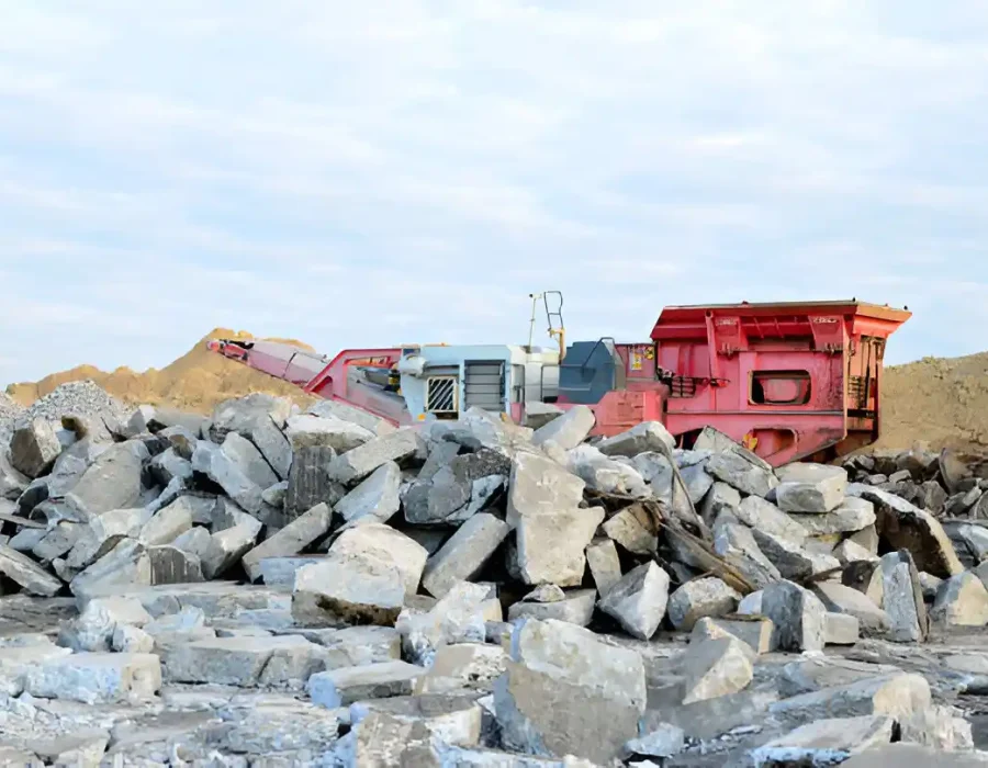 Industrial rock crusher processing concrete debris at a demolition site.