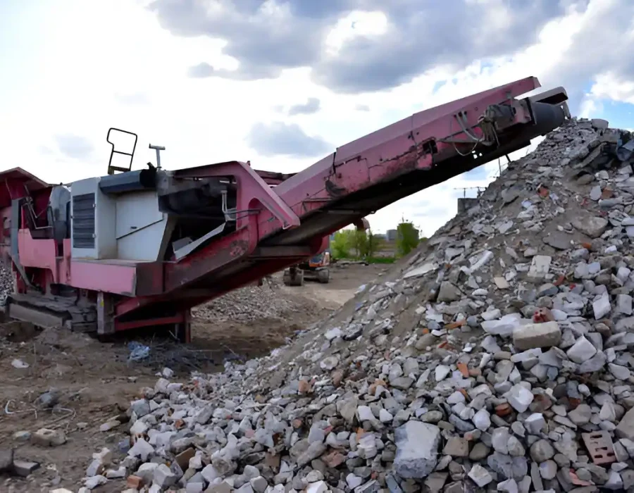 Mobile crusher machine processing a large pile of concrete rubble at a demolition site.
