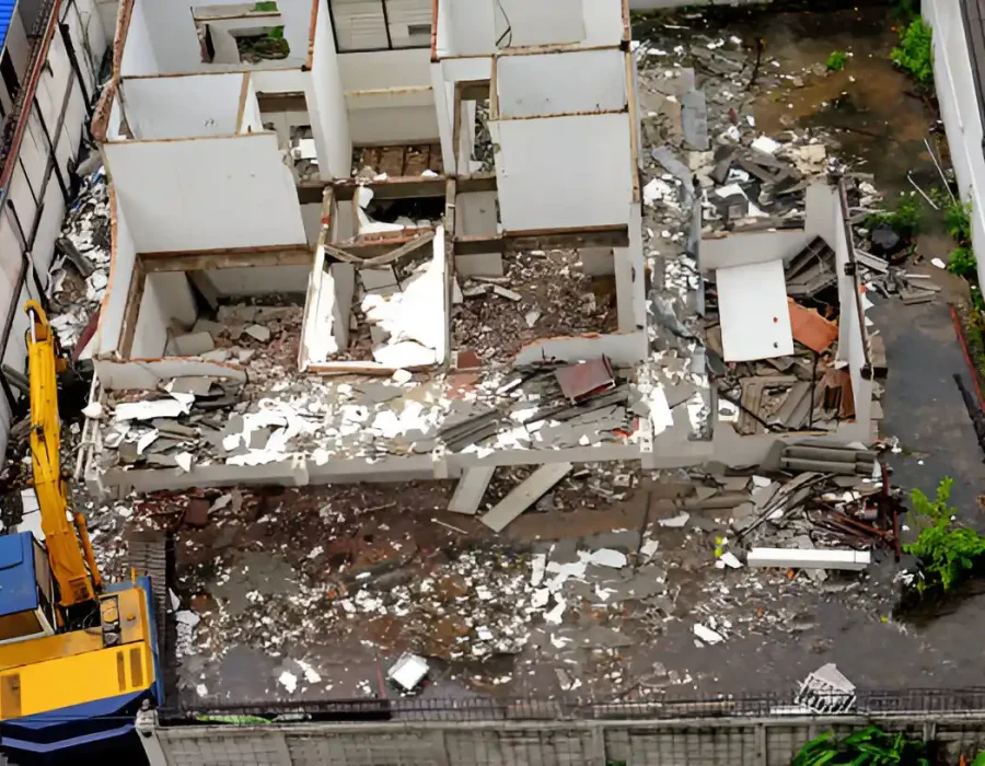 Aerial view of partially demolished building interior with excavator and sorted debris below