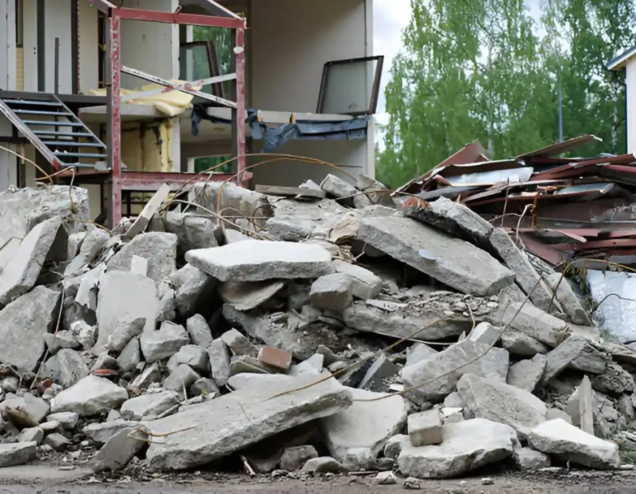 Sorted demolition debris piles with concrete chunks and building materials awaiting removal