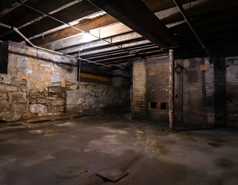 Old basement interior with stone walls and exposed beams, ideal for demolition and cleanup.