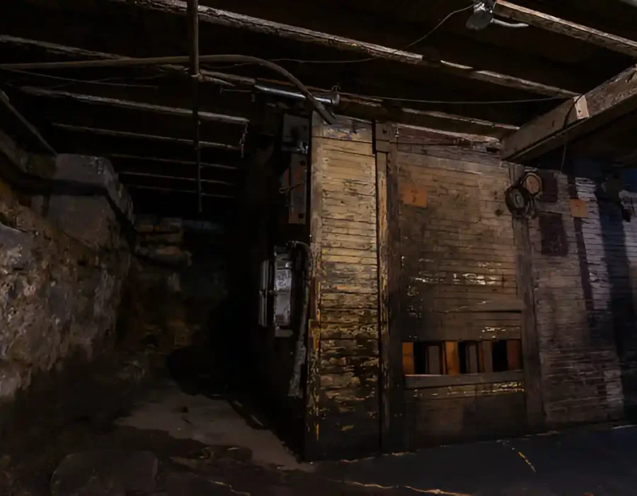 A deteriorating basement with wooden walls and exposed beams, ready for demolition and removal.