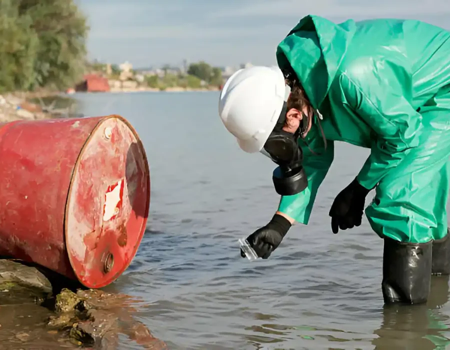 Worker in protective gear sampling water near barrel