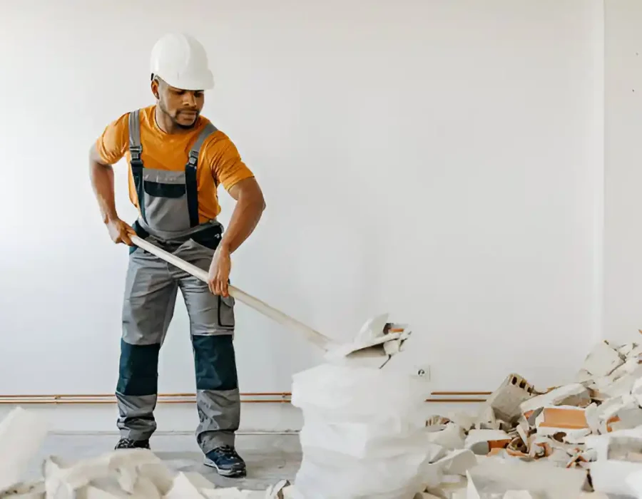 Demolition contractor in safety gear clearing construction debris with cleanup tools in renovated room