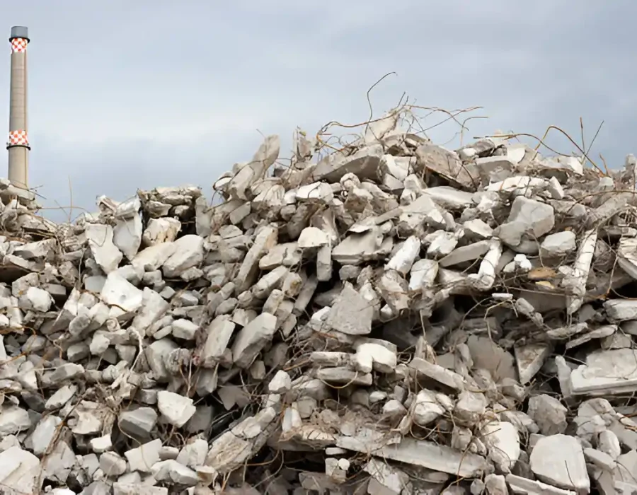 Large-scale concrete demolition waste heap with industrial chimney in background at commercial site