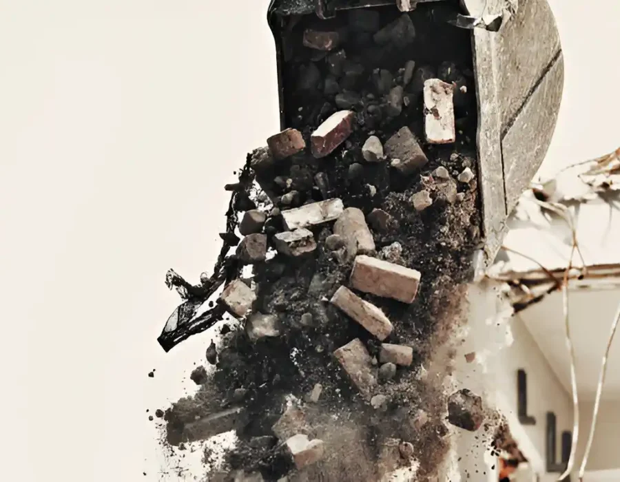 Close-up of excavator bucket dumping demolished brick and concrete debris with dust cloud