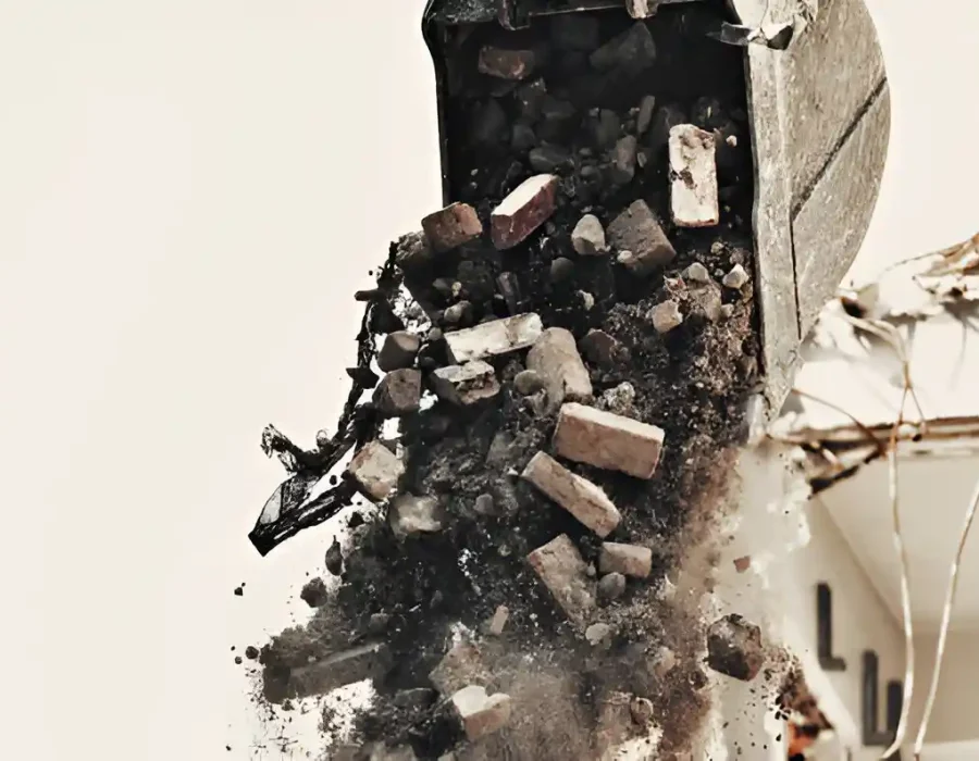 Dynamic shot of construction debris cascading from excavator bucket during demolition