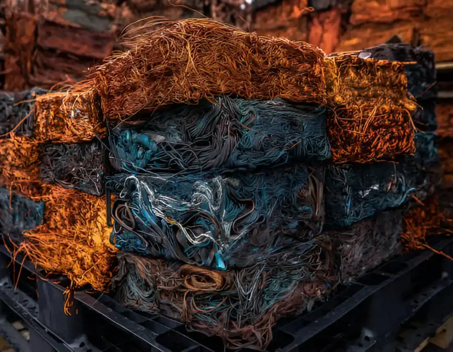 Baled copper wire and electrical cables recovered from demolition site ready for recycling