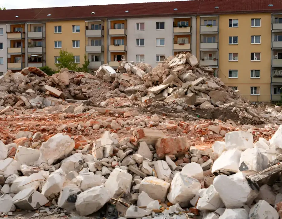 Concrete and brick demolition debris pile in front of apartment building during site clearing