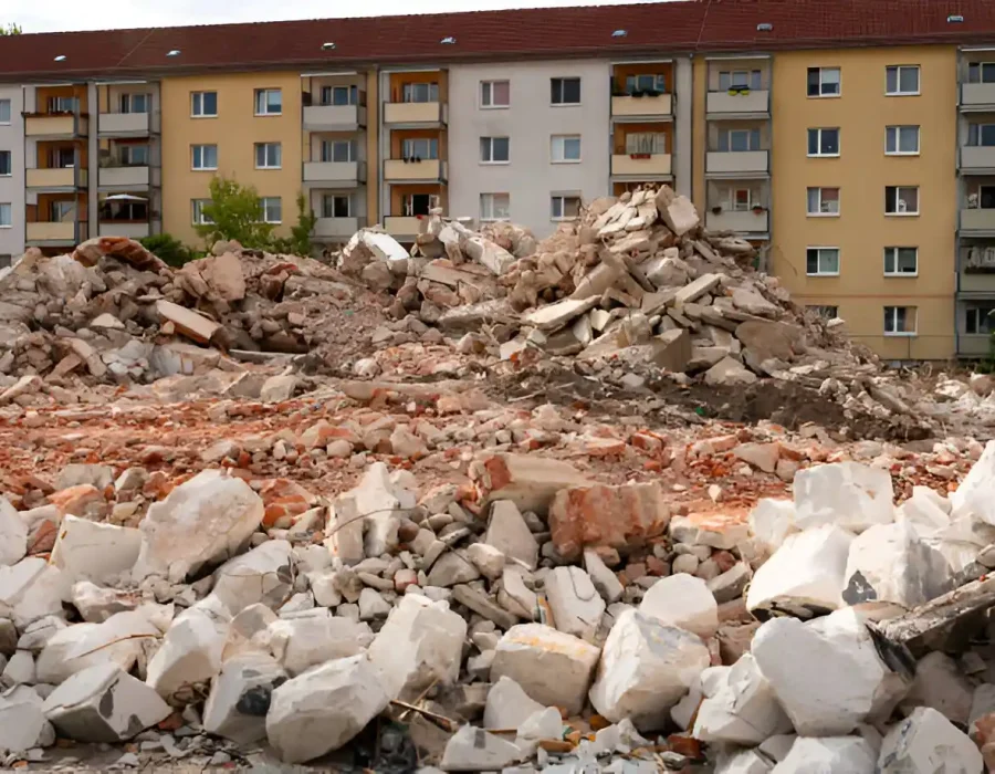 Large pile of demolition debris and concrete rubble in front of residential apartment building during cleanup