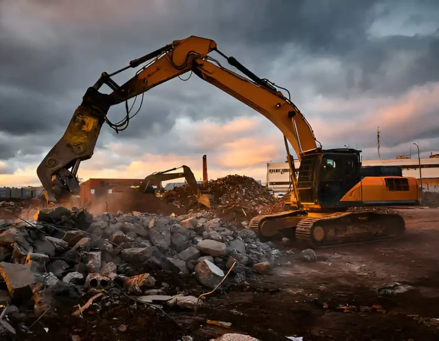 Excavator with hydraulic breaker crushing concrete debris at sunset on commercial work site