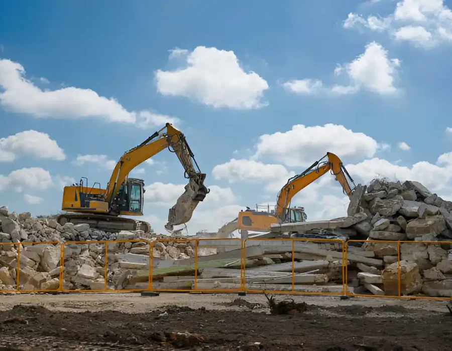Two excavators clearing rubble on construction site under blue sky