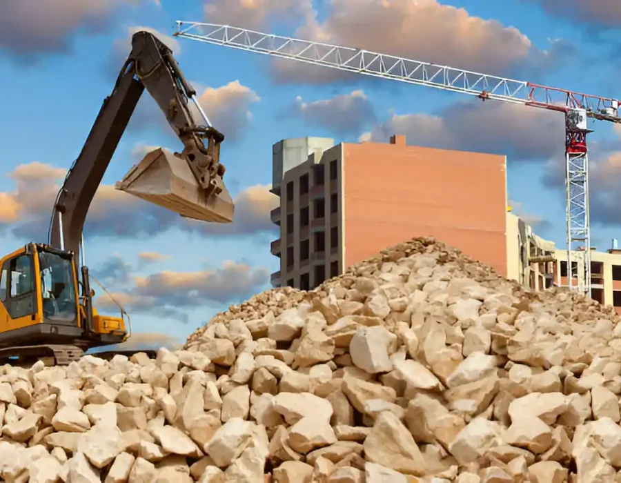 Excavator moving stones on site with crane, city skyline in background