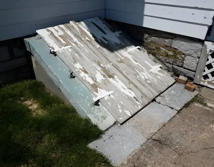 A deteriorating basement bulkhead door needing demolition and removal services.