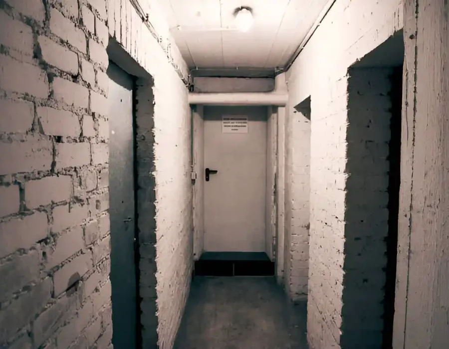 Dimly lit basement hallway with brick walls, ideal for demolition or renovation projects.