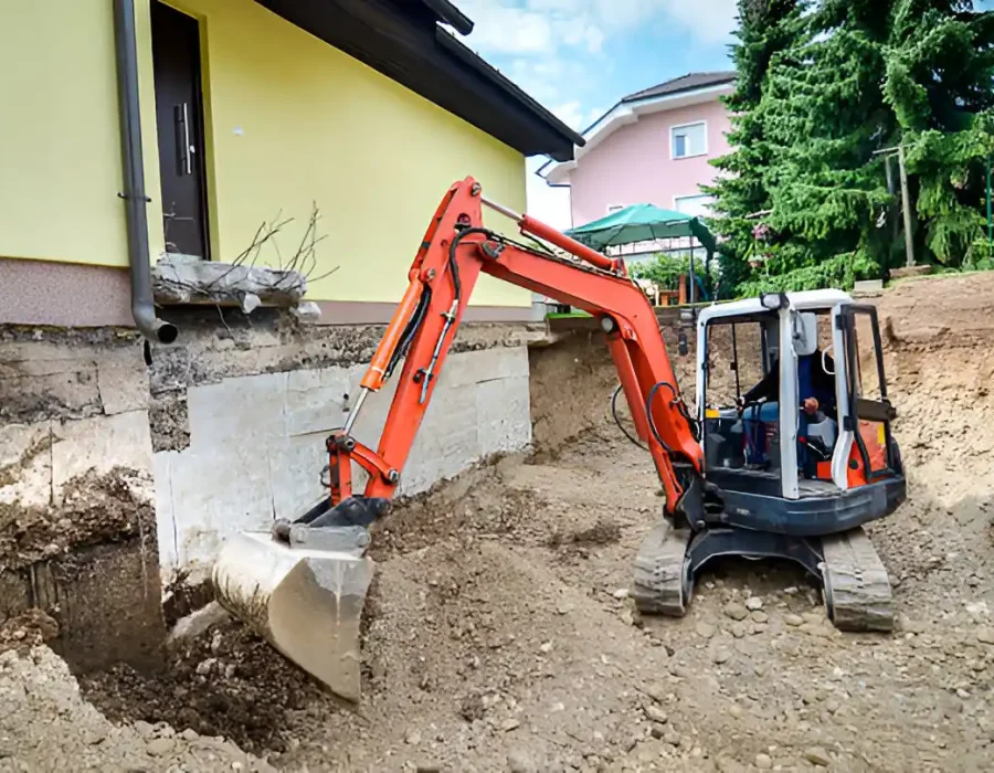 Compact orange excavator performing foundation excavation next to yellow house with pink building in background