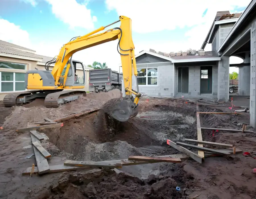 Yellow excavator digging deep hole for foundation, residential site preparation in active construction area