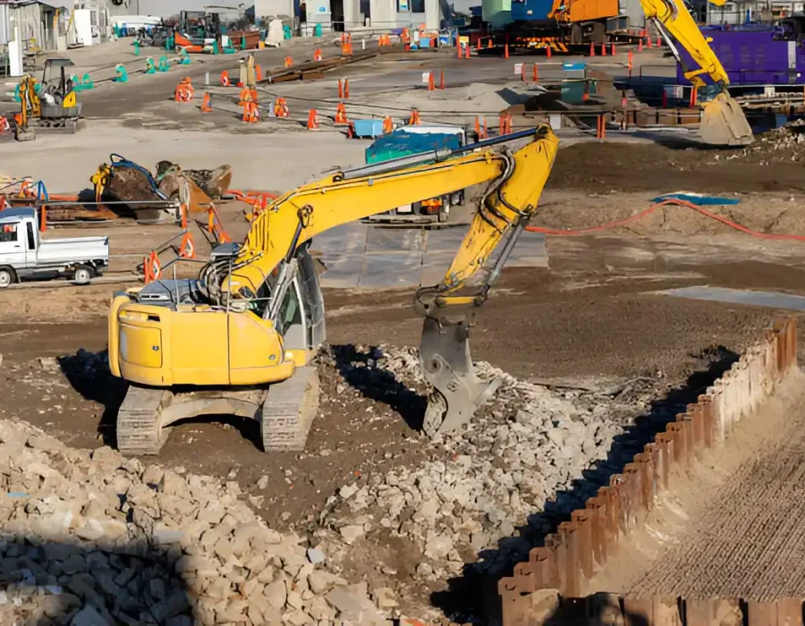 Yellow excavator breaking concrete at construction site with safety cones and white truck in background