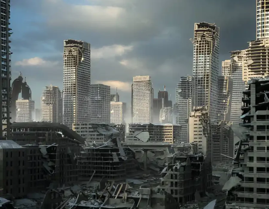 Ruined cityscape with collapsed buildings, highlighting demolition and debris removal efforts