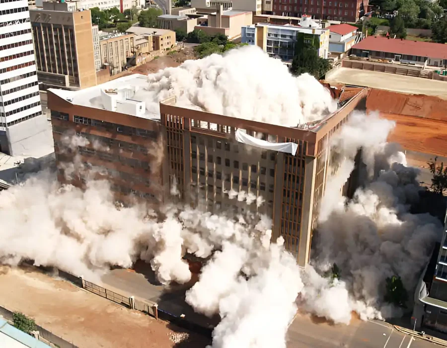 Controlled demolition of a building with large dust cloud, showcasing debris removal and cleanup services.