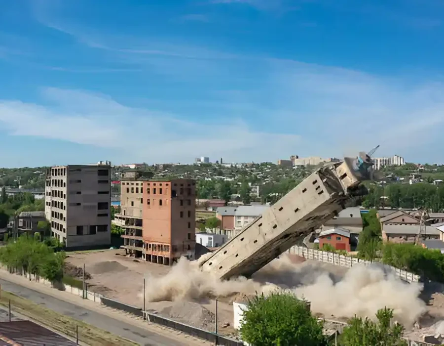 Large concrete building collapsing with dust cloud in urban residential demolition project