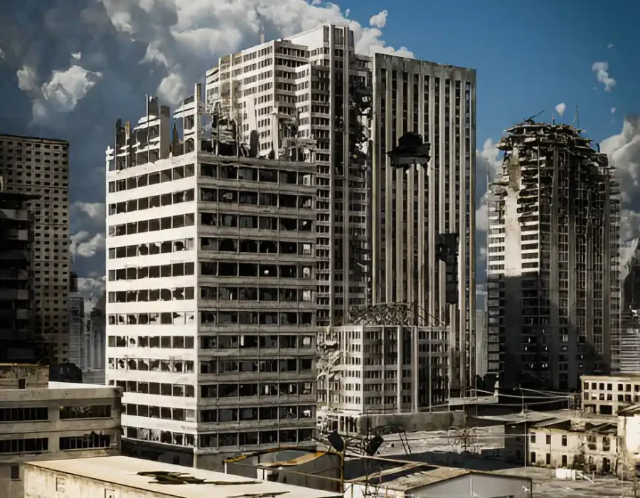 Desolate cityscape with damaged buildings, highlighting demolition and debris removal activities.