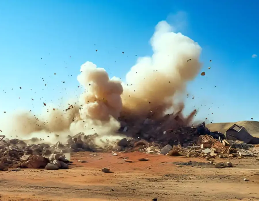 Building demolition in action with dust and debris explosion, showcasing professional cleanup services.