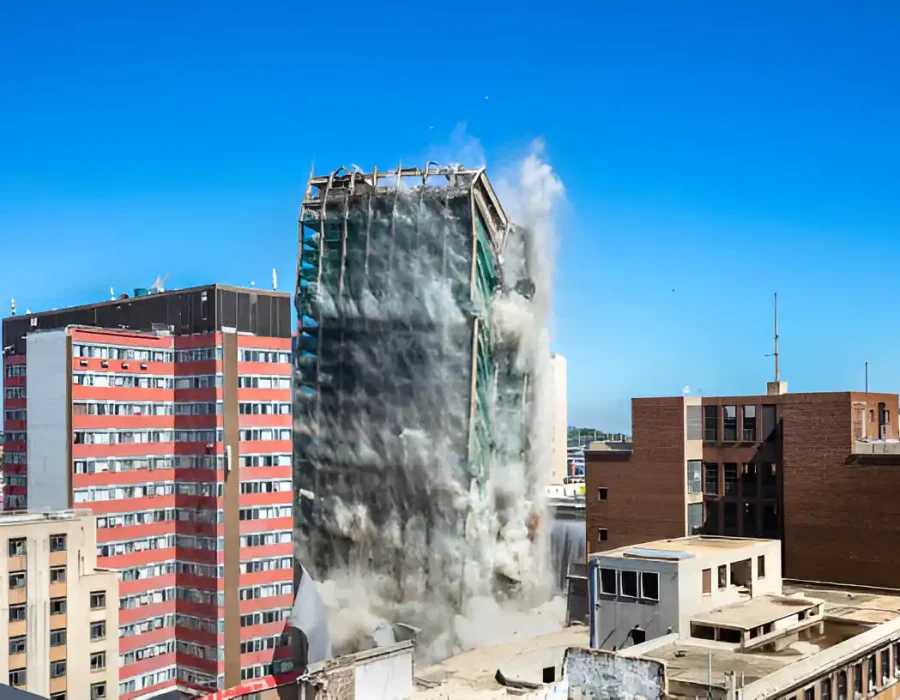 Precise building collapse with dust cloud, urban demolition in densely populated area