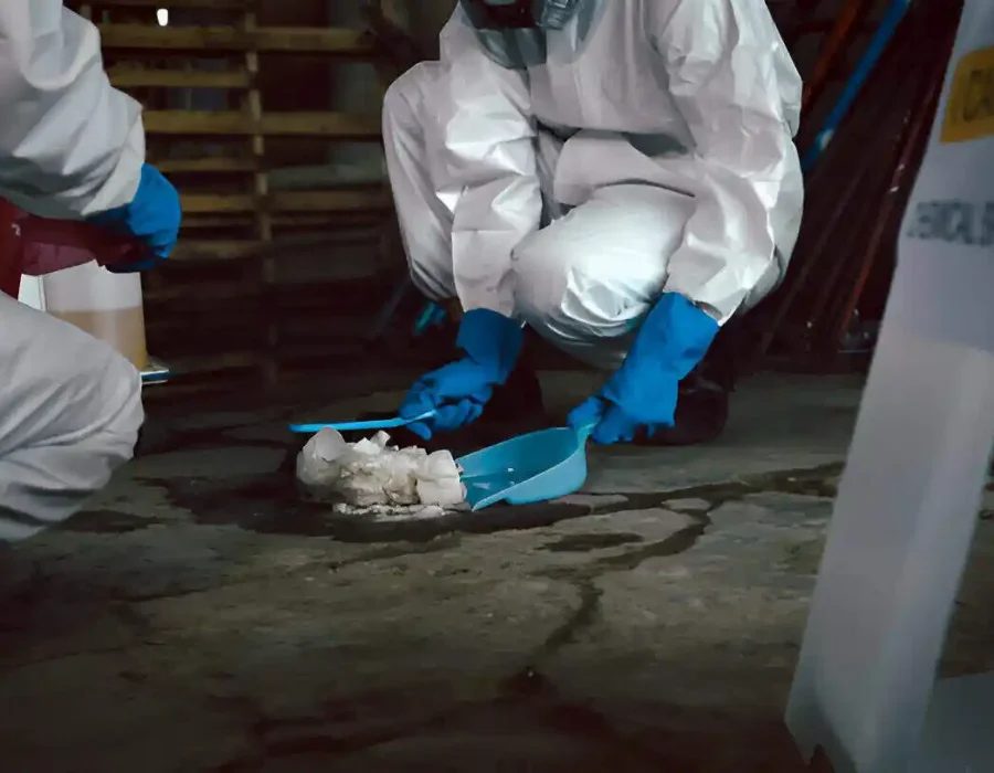 Workers in protective suits clean up debris during site preparation and demolition activities.