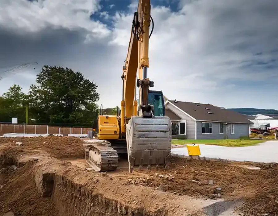 Yellow excavator performing residential demolition and site preparation with house in background
