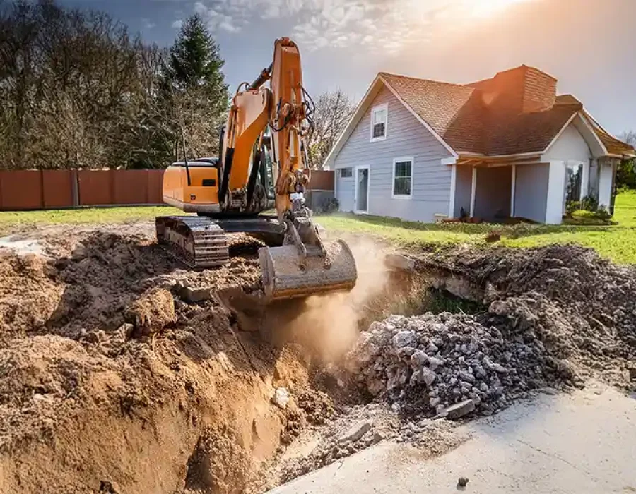 Excavator performing demolition and site preparation near residential house with debris removal and ground clearing